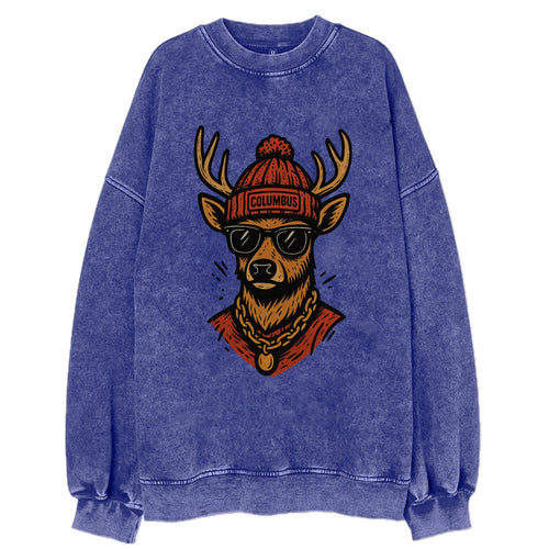 Columbus White-tailed Deer wearing Columbus beanie with pom pom and wayfarer - Vintage Sweatshirt