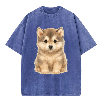 Baby Alaskan Malamute Puppy - wolf-like, fluffy coat, friendly eyes, - Vintage T-shirt - Blue