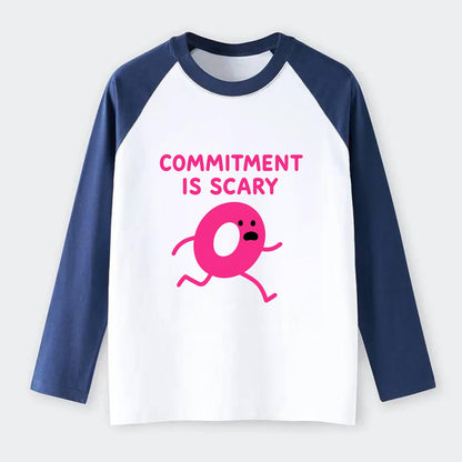 COMMITMENT IS SCARY | Terrified ring running away - Raglan Long Sleeve T-Shirt - Blue