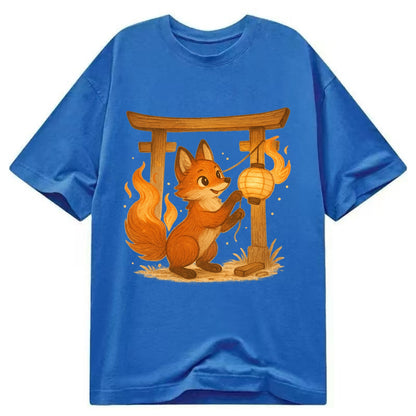Foxfire kitsune stringing lanterns along a torii gate with tails of living flame - Classic T-shirt - Blue