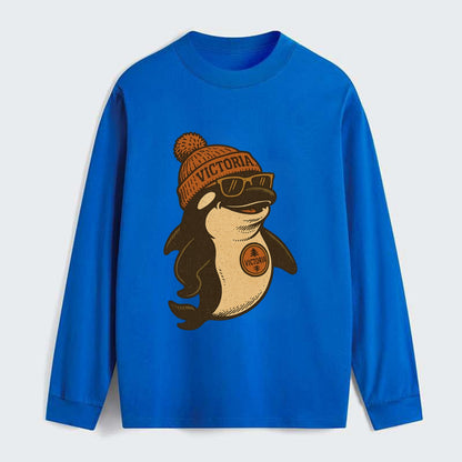 Victoria Orca wearing Victoria beanie with pom pom and wayfarer - Classic Long Sleeve Shirt - Blue