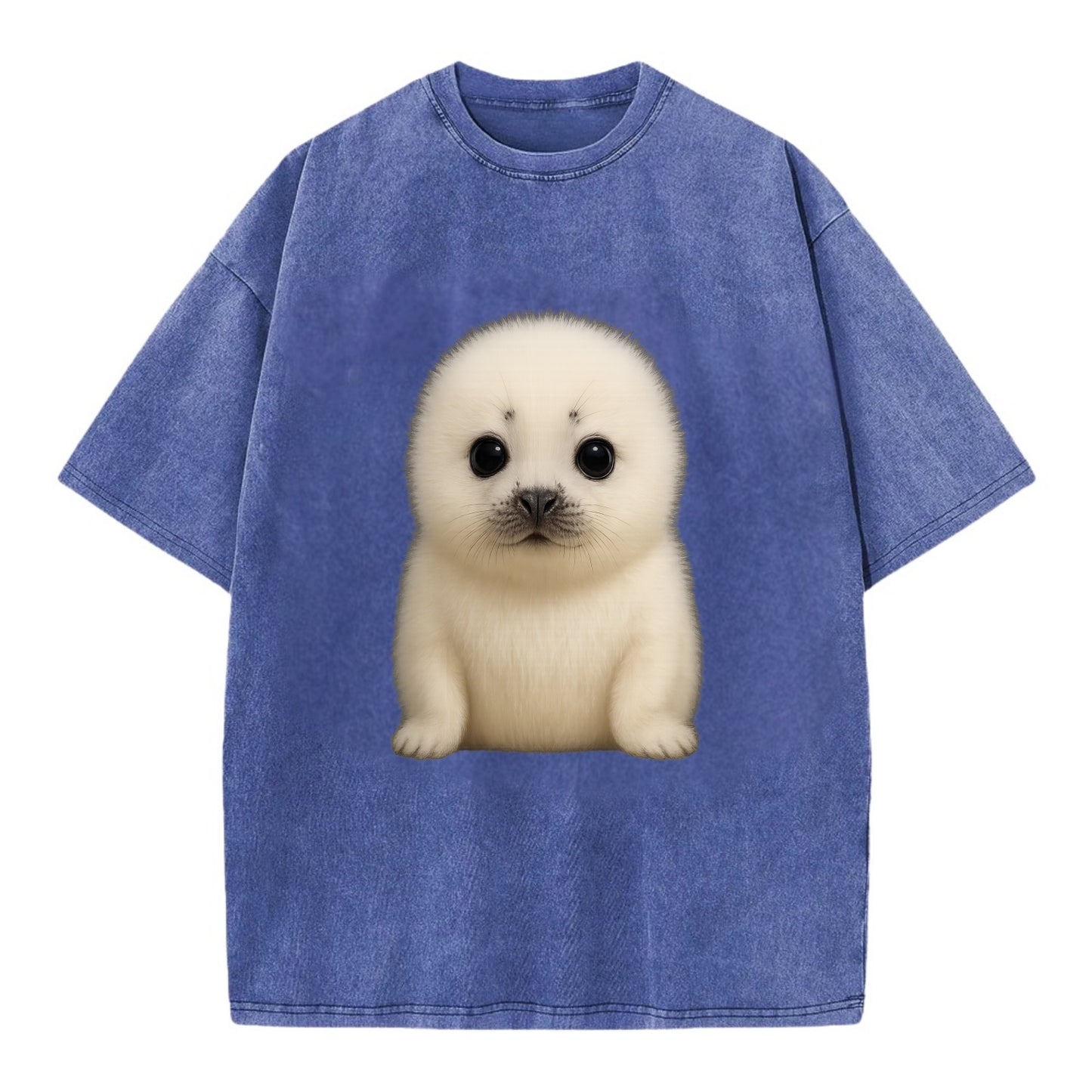 Baby Harp Seal - pure white fluffy fur, enormous dark eyes, front-facing, iconic - Vintage T-shirt - Blue
