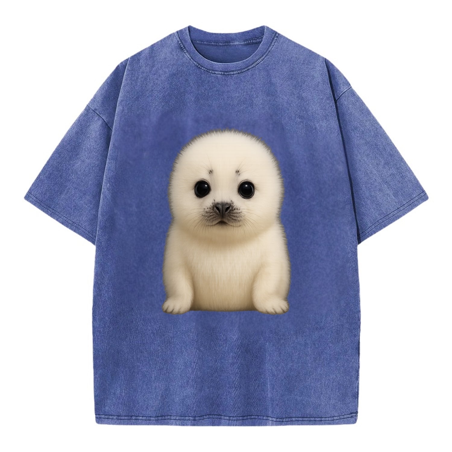 Baby Harp Seal - pure white fluffy fur, enormous dark eyes, front-facing, iconic - Vintage T-shirt - Blue