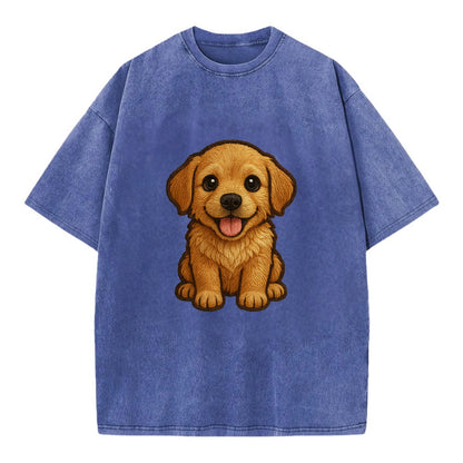 Baby Golden Retriever Puppy - fluffy golden fur, big brown eyes, pink tongue, - Vintage T-shirt - Blue