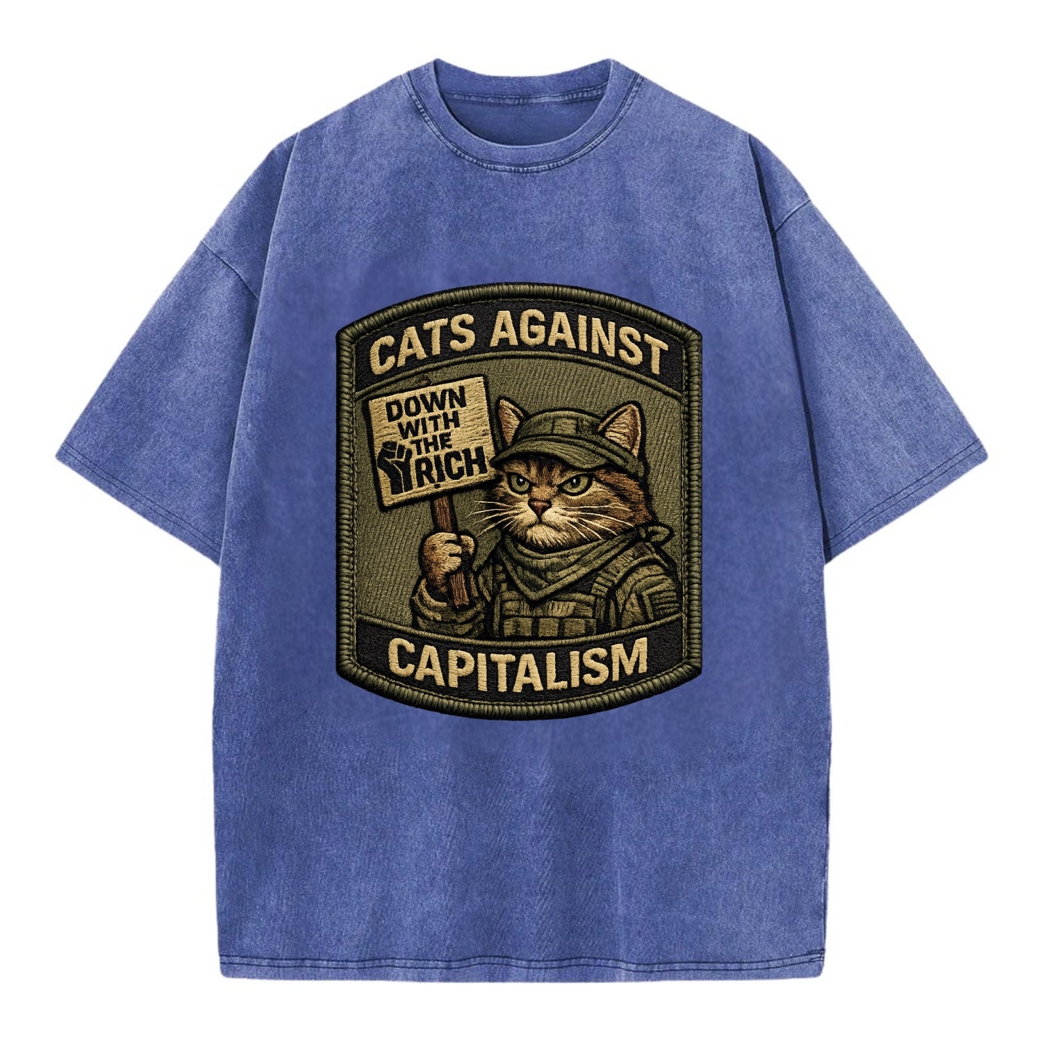 CATS AGAINST CAPITALISM - cat with protest sign in red , political cat - Vintage T-shirt - Blue