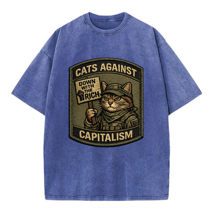 CATS AGAINST CAPITALISM - cat with protest sign in red , political cat - Vintage T-shirt - Blue