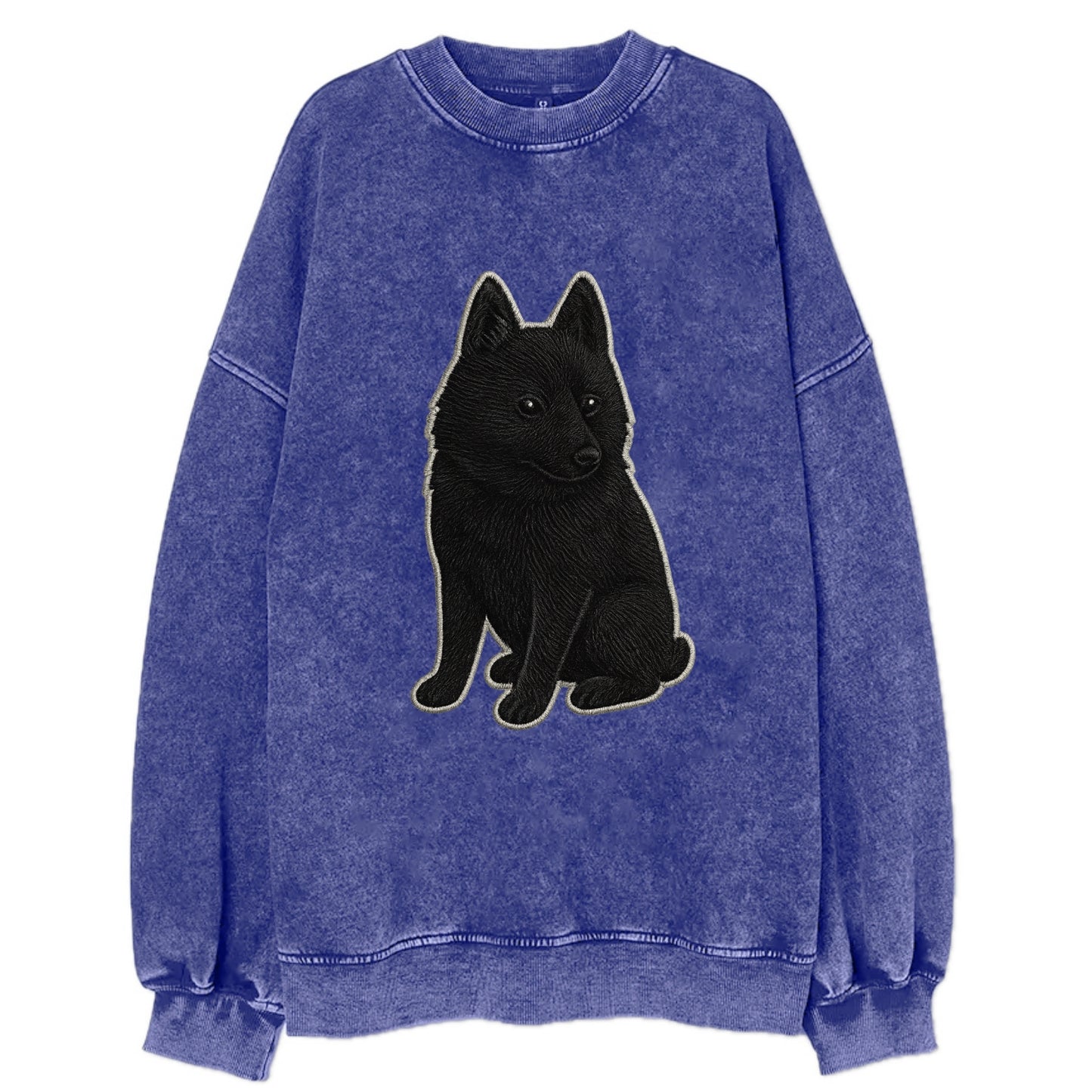 Schipperke - Solid black small embroidered sitting pose - Vintage Sweatshirt - Blue