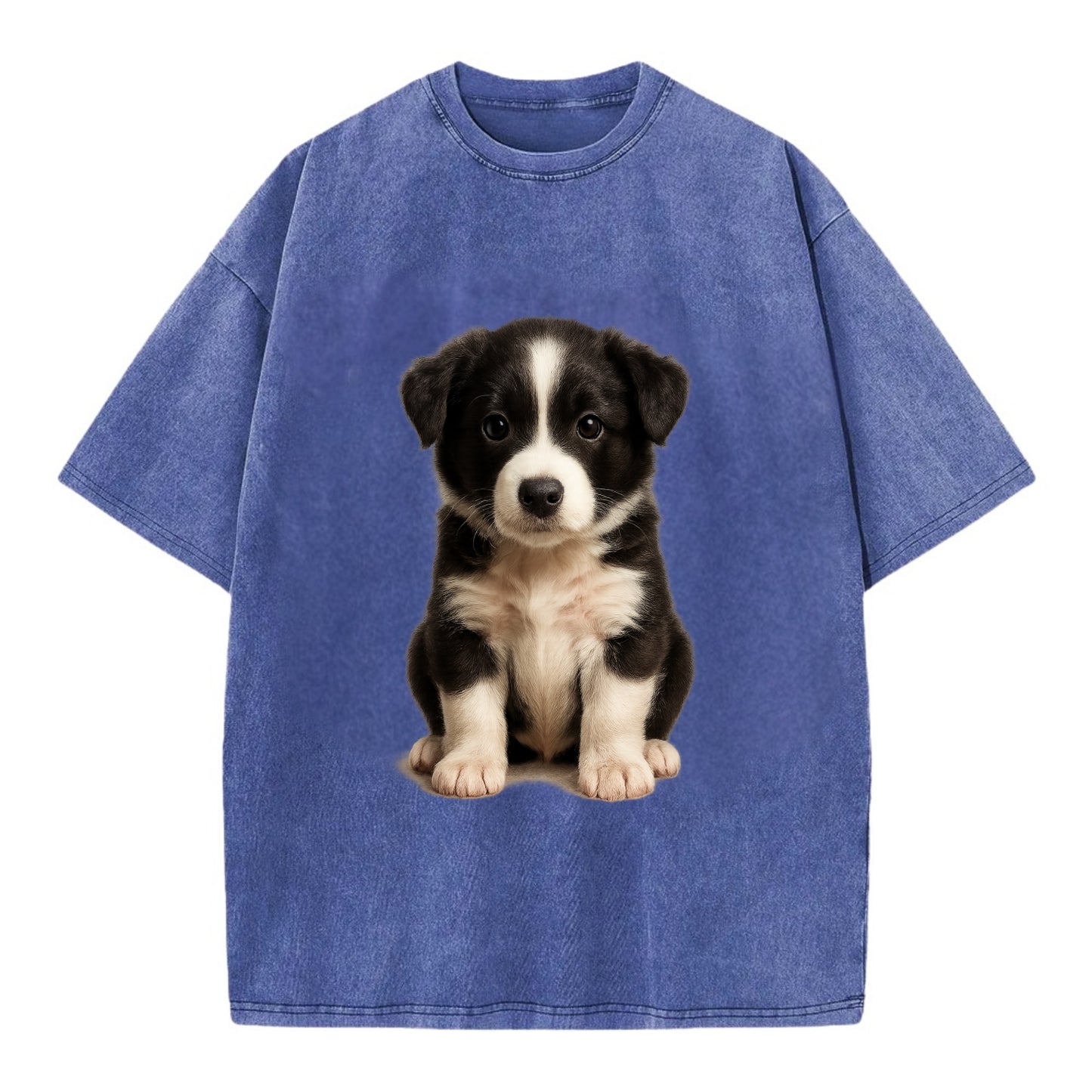 Baby Border Collie Puppy - black and white, intense smart eyes, athletic build, - Vintage T-shirt - Blue