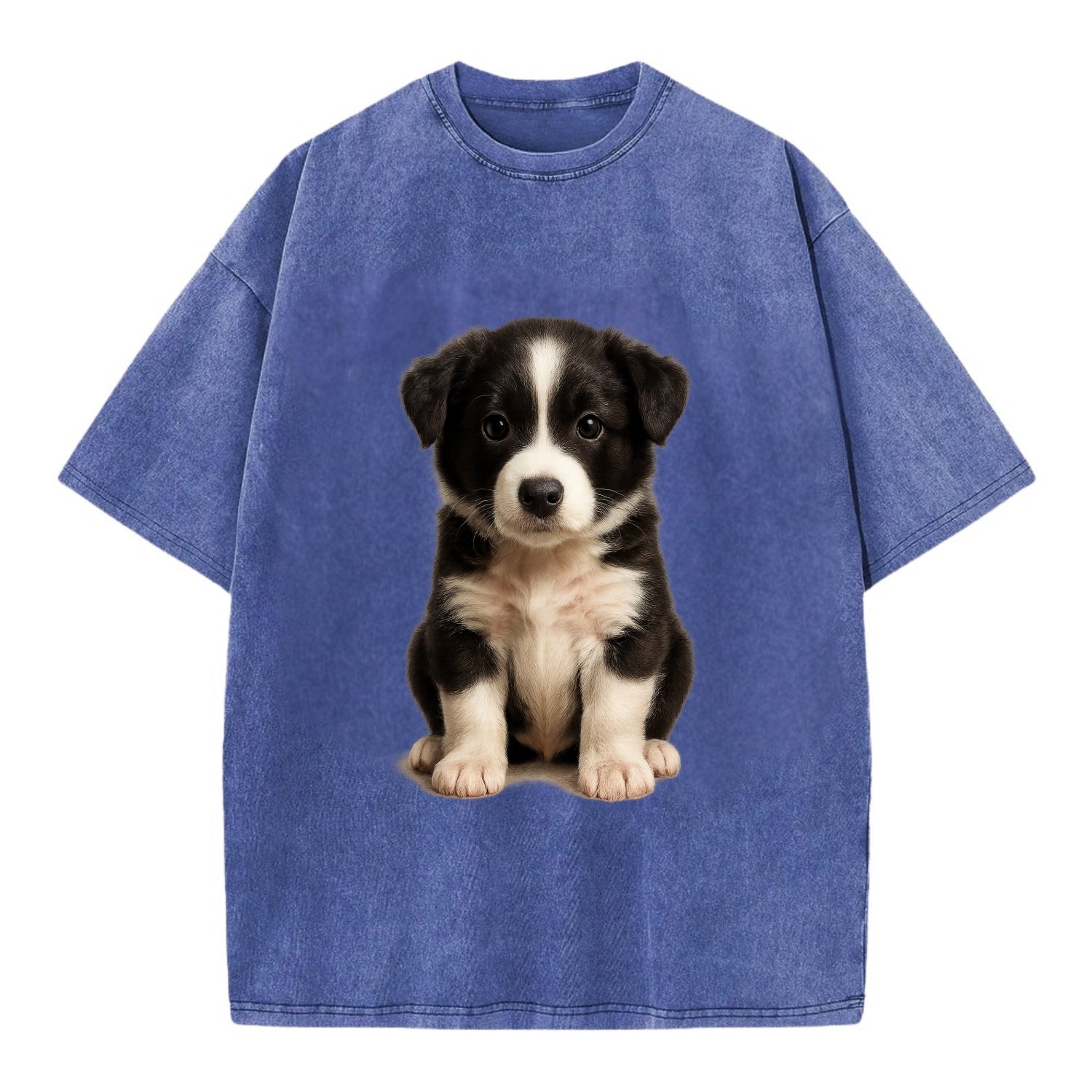 Baby Border Collie Puppy - black and white, intense smart eyes, athletic build, - Vintage T-shirt - Blue