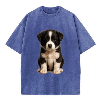Baby Border Collie Puppy - black and white, intense smart eyes, athletic build, - Vintage T-shirt - Blue