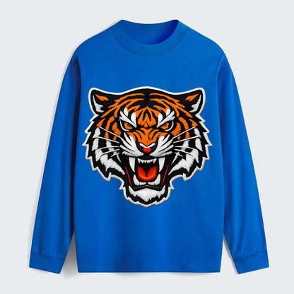 TIGER STRIPES FACE - fierce tiger face in orange, black and white , - Classic Long Sleeve Shirt - Blue
