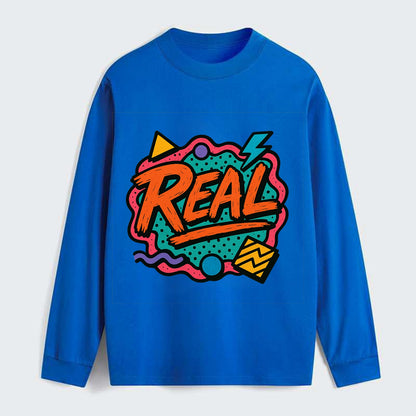 Imperfect brush strokes spelling "Real" - authenticity over perfection, - Classic Long Sleeve Shirt - Blue