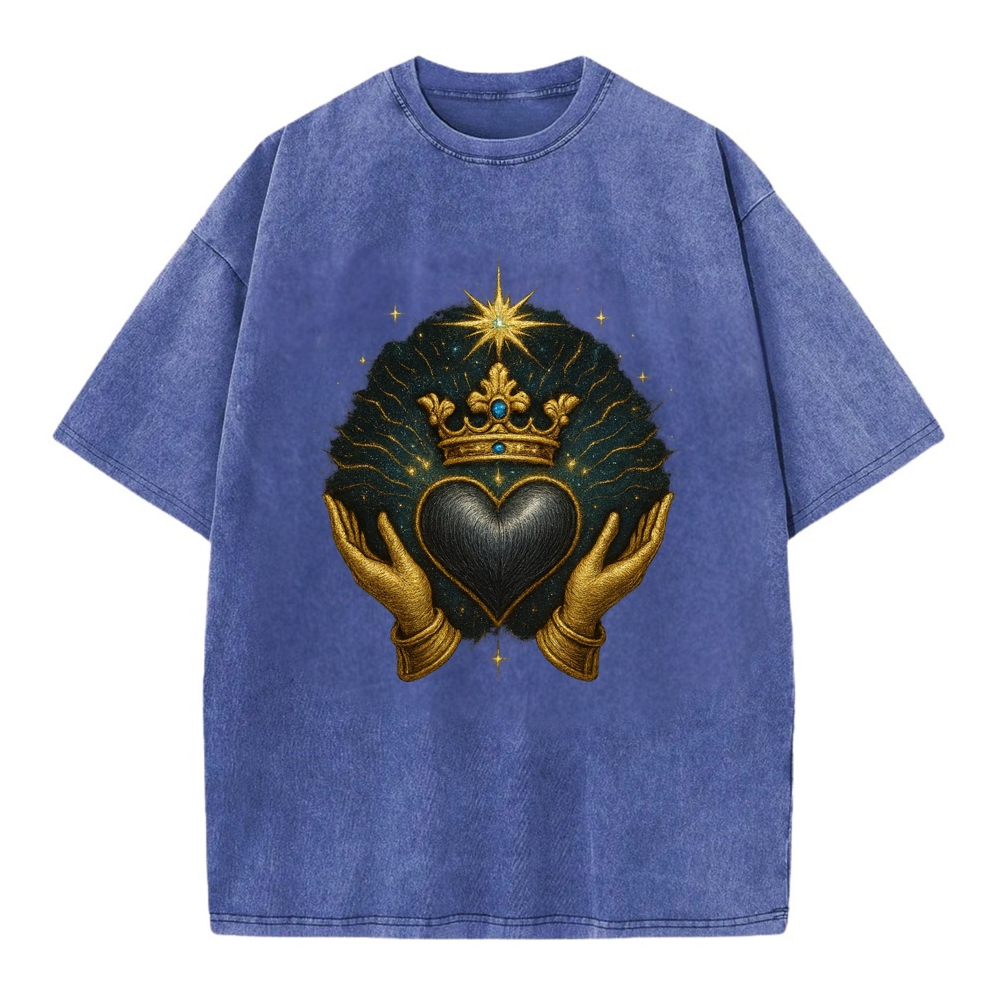 Pearl-studded tiara atop a satin-gunmetal heart supported by elegant opera-glove - Vintage T-shirt - Blue