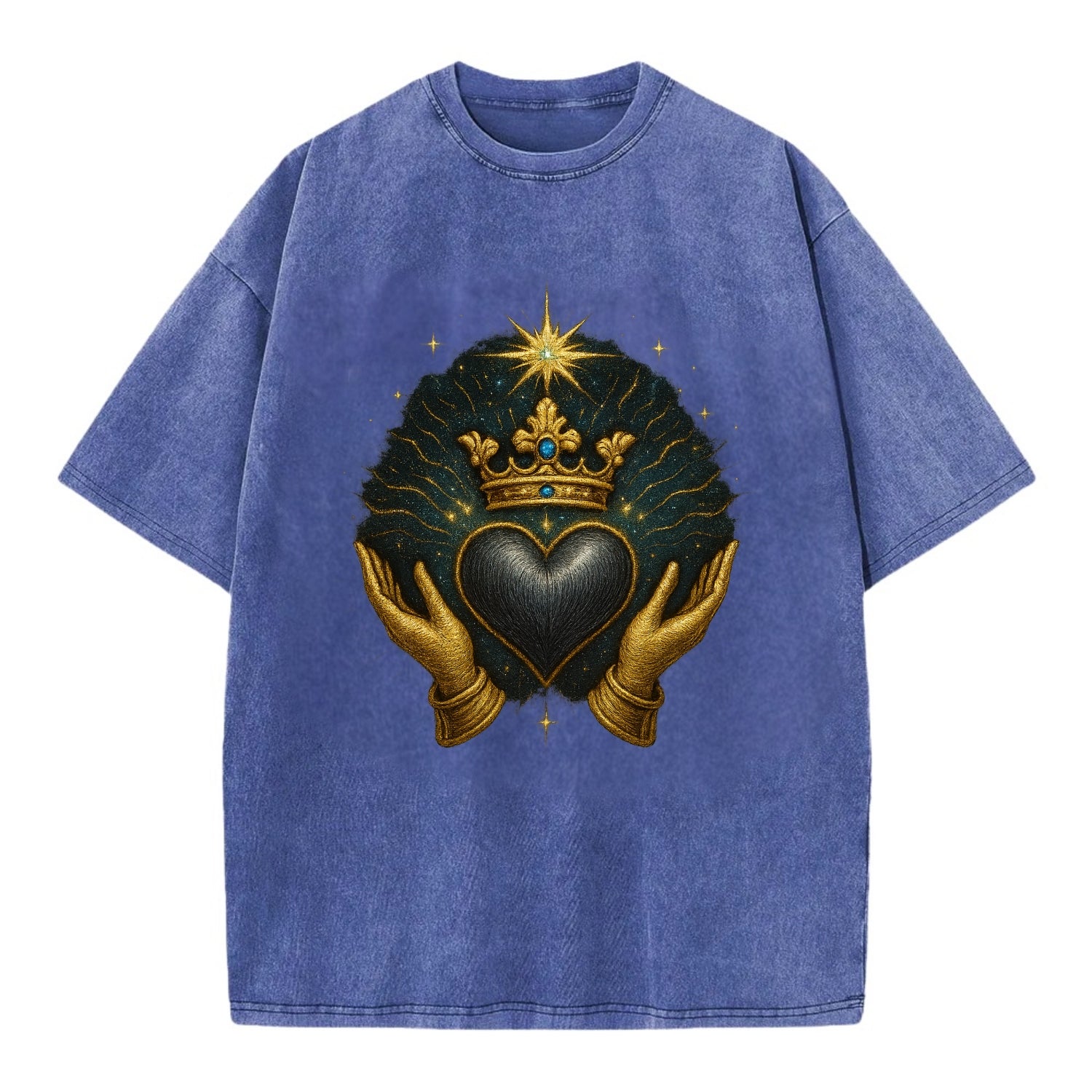 Pearl-studded tiara atop a satin-gunmetal heart supported by elegant opera-glove - Vintage T-shirt - Blue