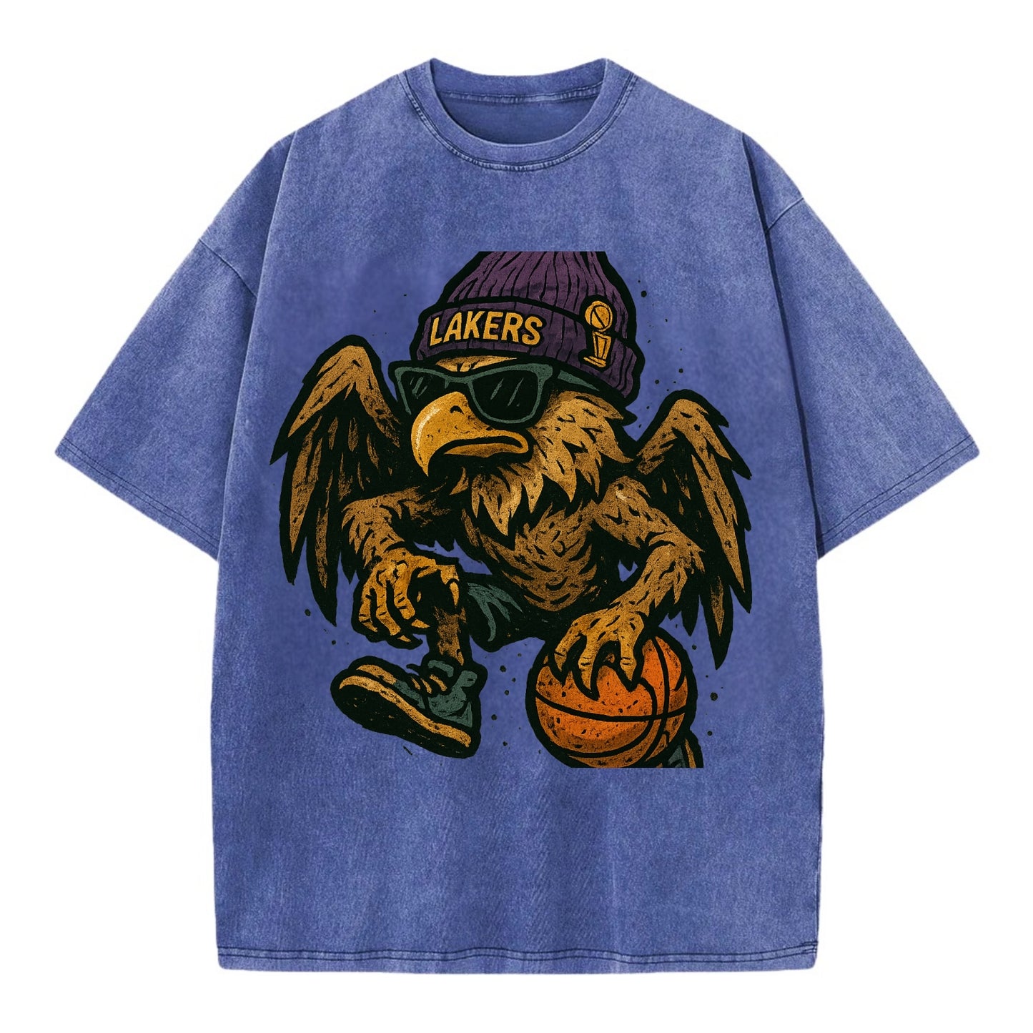 Los Angeles Golden Eagle wearing Lakers beanie with trophy patch and wayfarer - Vintage T-shirt - Blue