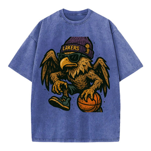 Los Angeles Golden Eagle wearing Lakers beanie with trophy patch and wayfarer - Vintage T-shirt
