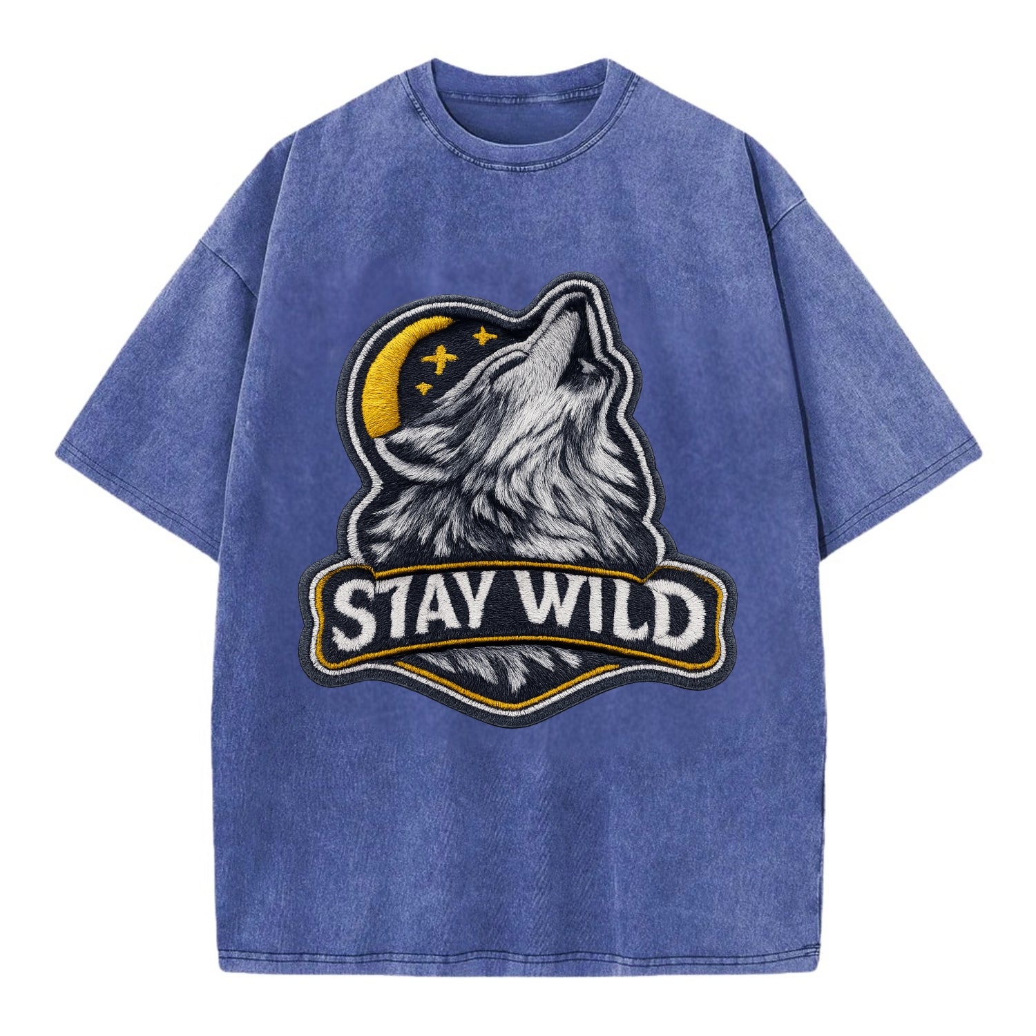 STAY WILD - wolf with text in gray , free spirit - Vintage T-shirt - Blue