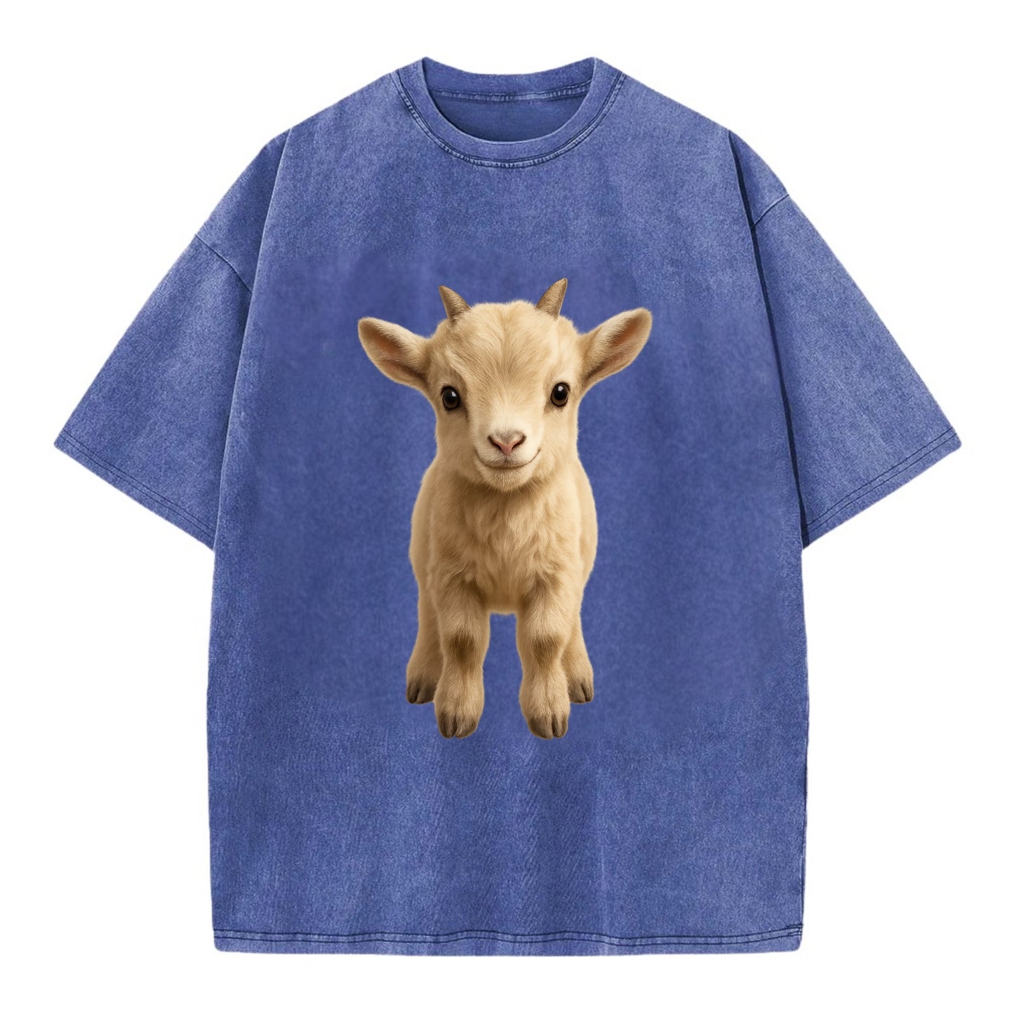 Baby Goat Kid - small horns, rectangular pupils, fluffy, playful eyes, - Vintage T-shirt - Blue