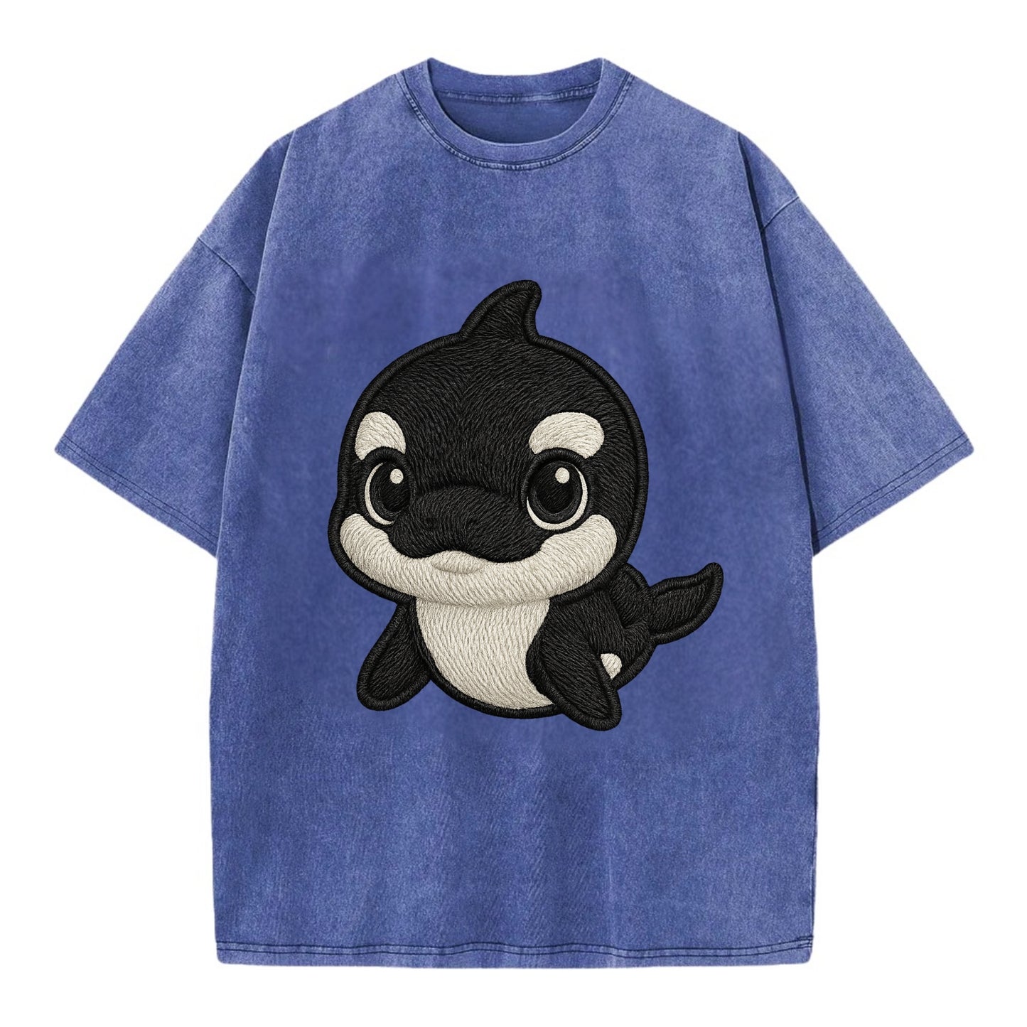 Baby Orca - black and white pattern, white eye patch, front-facing, curious and - Vintage T-shirt - Blue