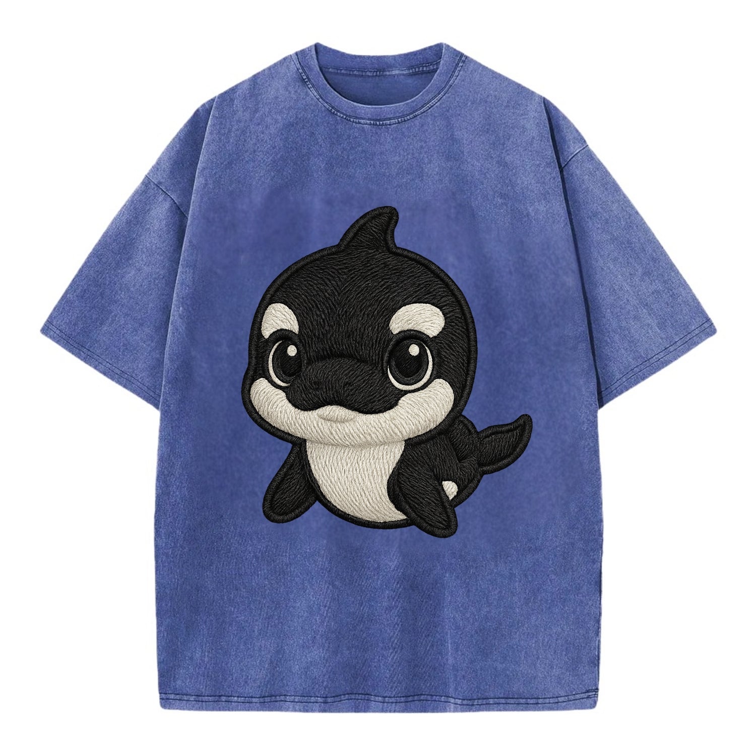 Baby Orca - black and white pattern, white eye patch, front-facing, curious and - Vintage T-shirt - Blue