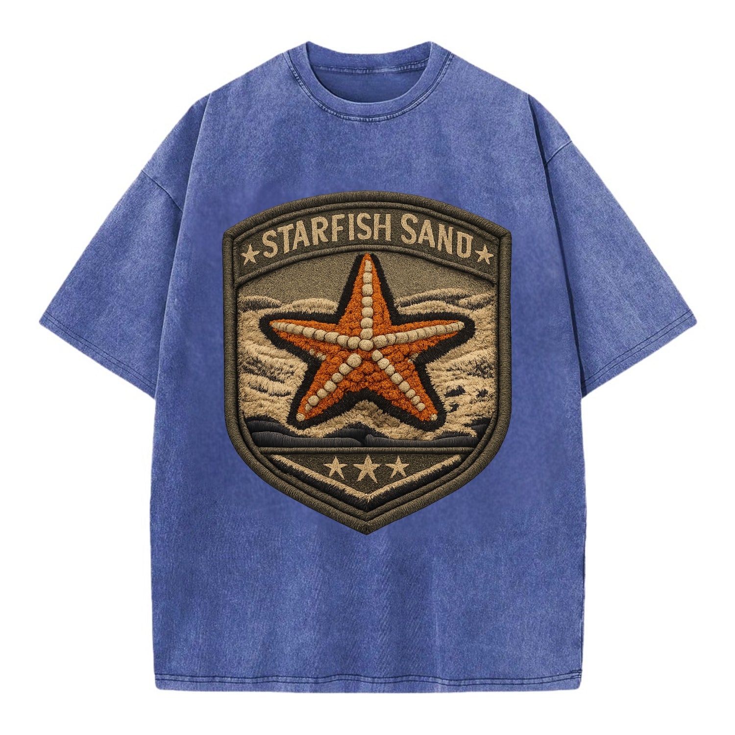 STARFISH SAND - sea star in orange and tan , beachcomber - Vintage T-shirt - Blue
