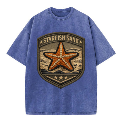 STARFISH SAND - sea star in orange and tan , beachcomber - Vintage T-shirt - Blue