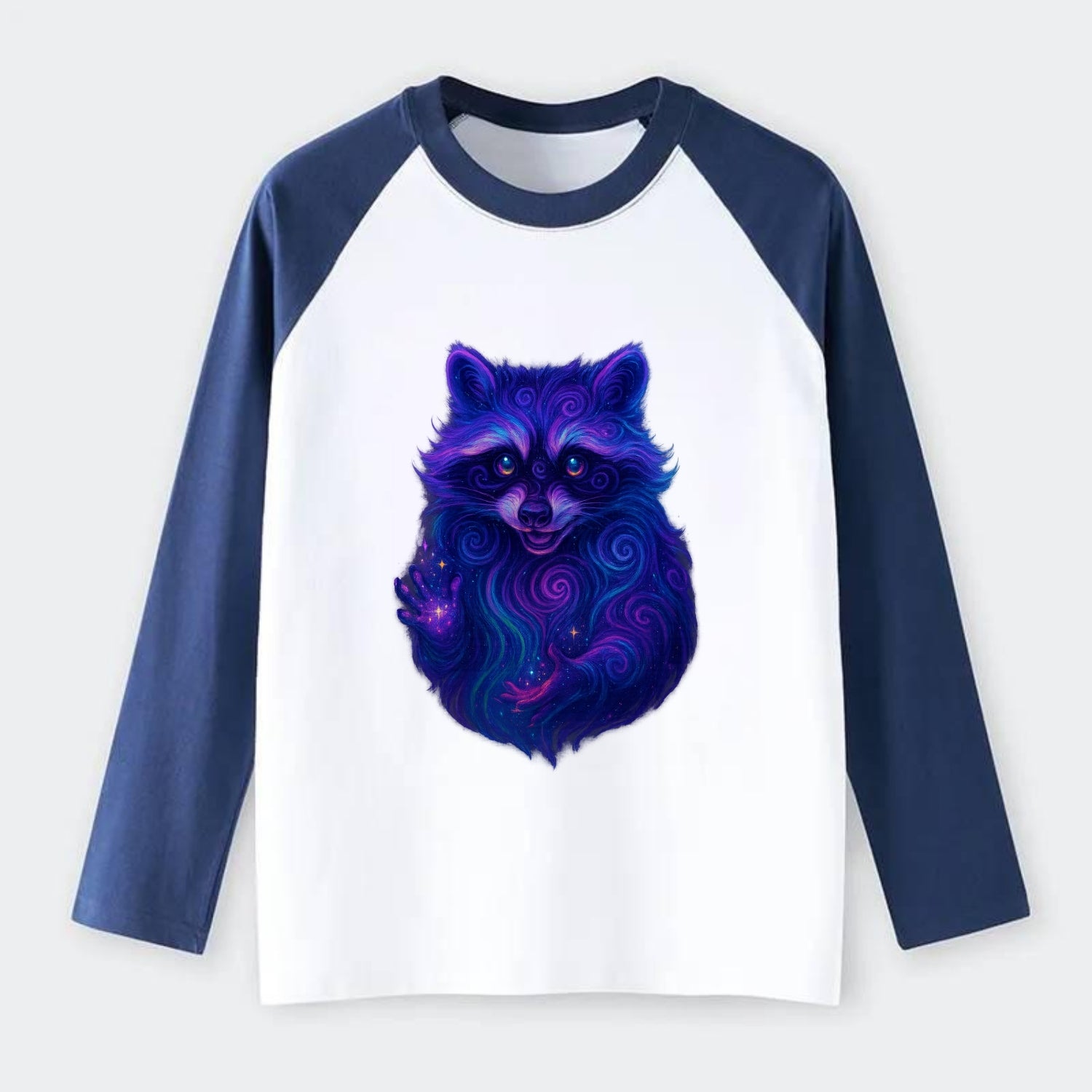 Playful raccoon with mask swirling in hypnotic patterns, neon purple - Raglan Long Sleeve T-Shirt - Blue