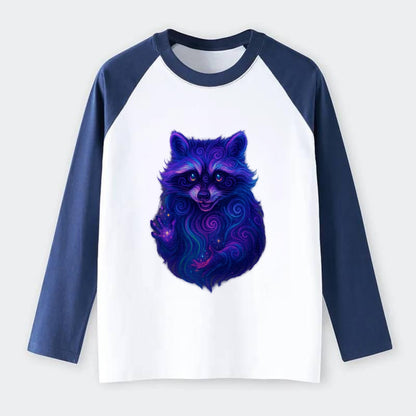 Playful raccoon with mask swirling in hypnotic patterns, neon purple - Raglan Long Sleeve T-Shirt - Blue