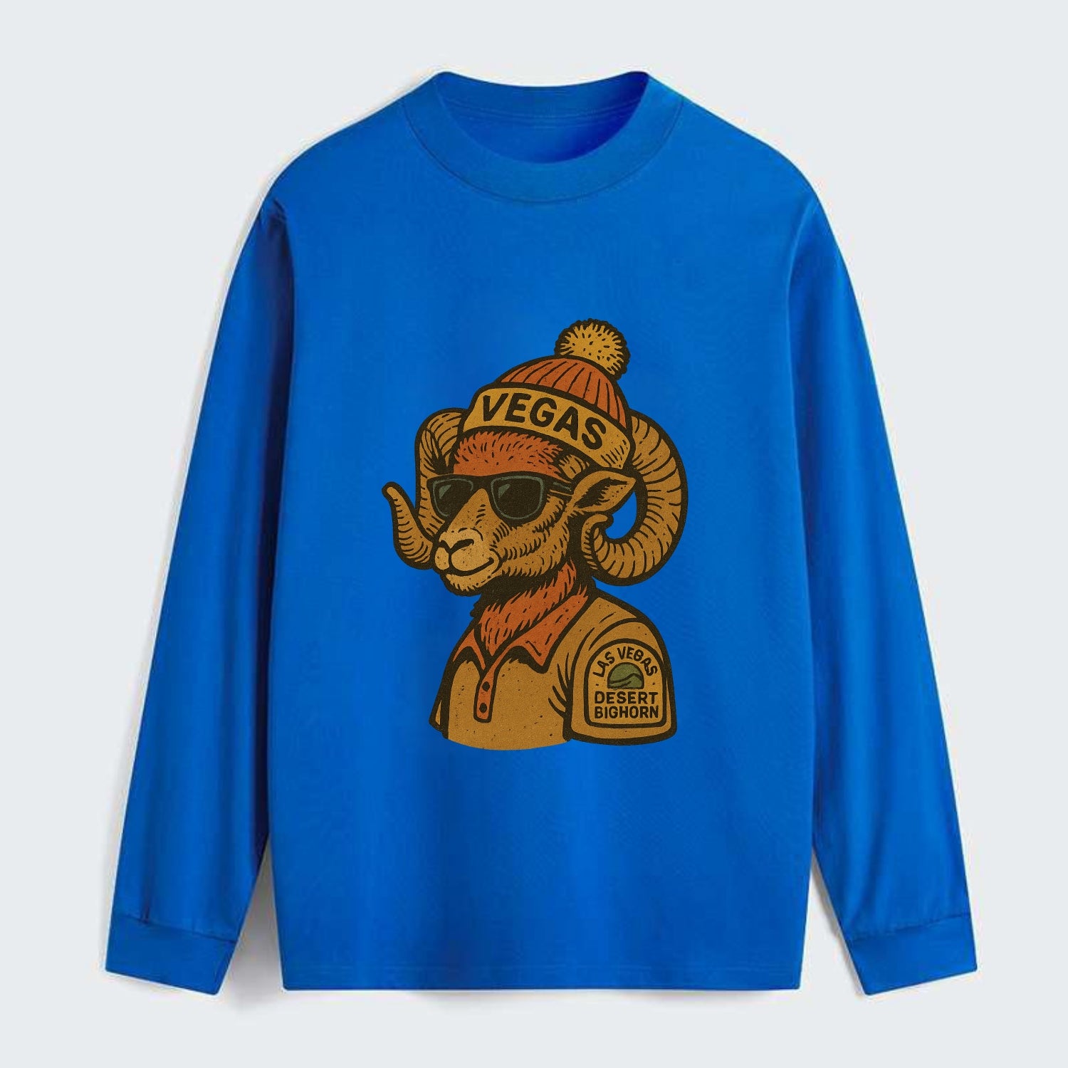Las Vegas Desert Bighorn wearing Vegas beanie with pom pom and wayfarer - Classic Long Sleeve Shirt - Blue