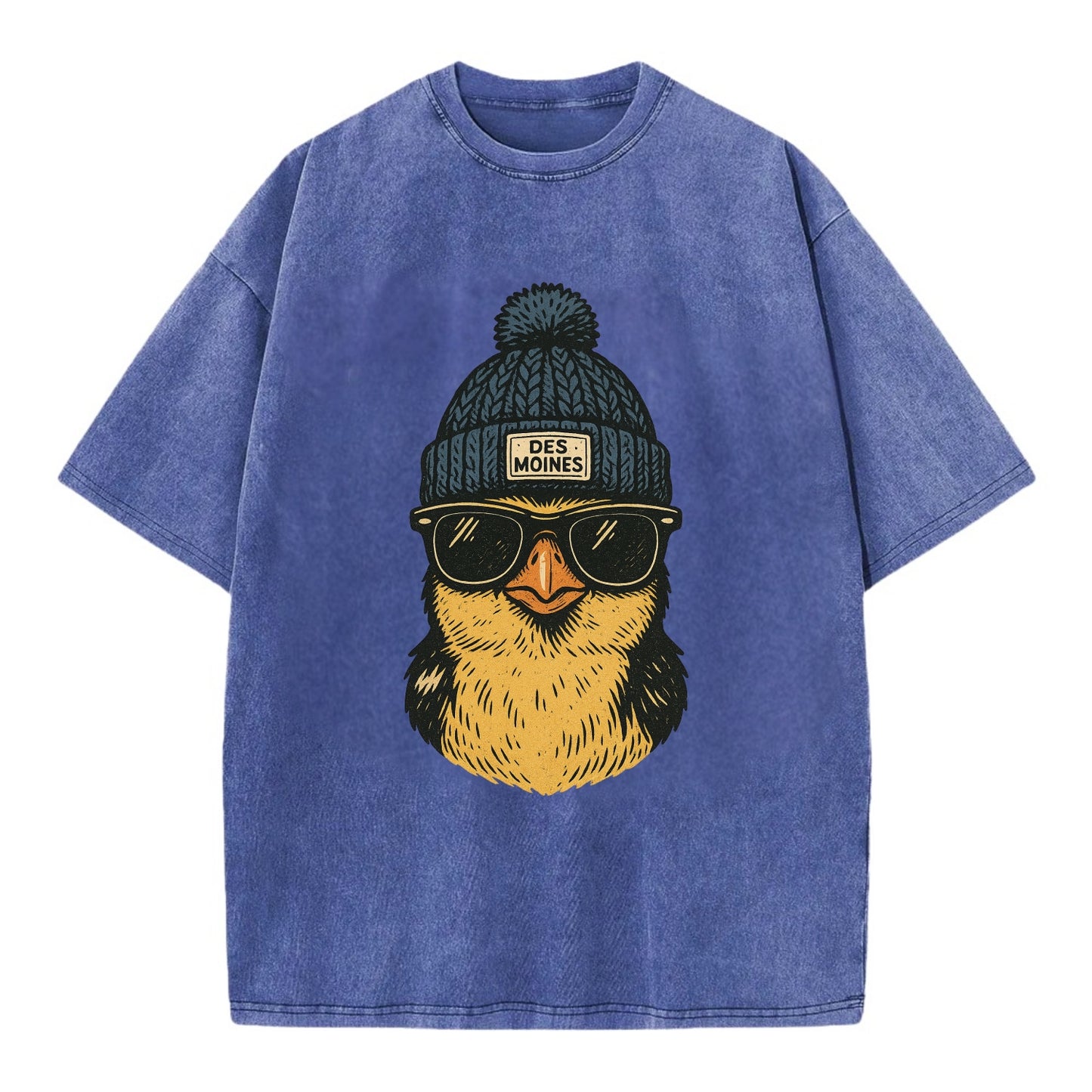 Iowa Goldfinch wearing Des Moines beanie with pom pom and wayfarer sunglasses - Vintage T-shirt - Blue