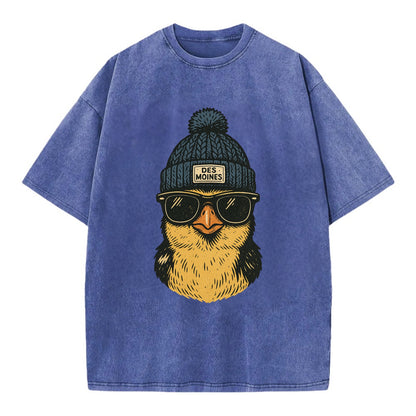 Iowa Goldfinch wearing Des Moines beanie with pom pom and wayfarer sunglasses - Vintage T-shirt - Blue