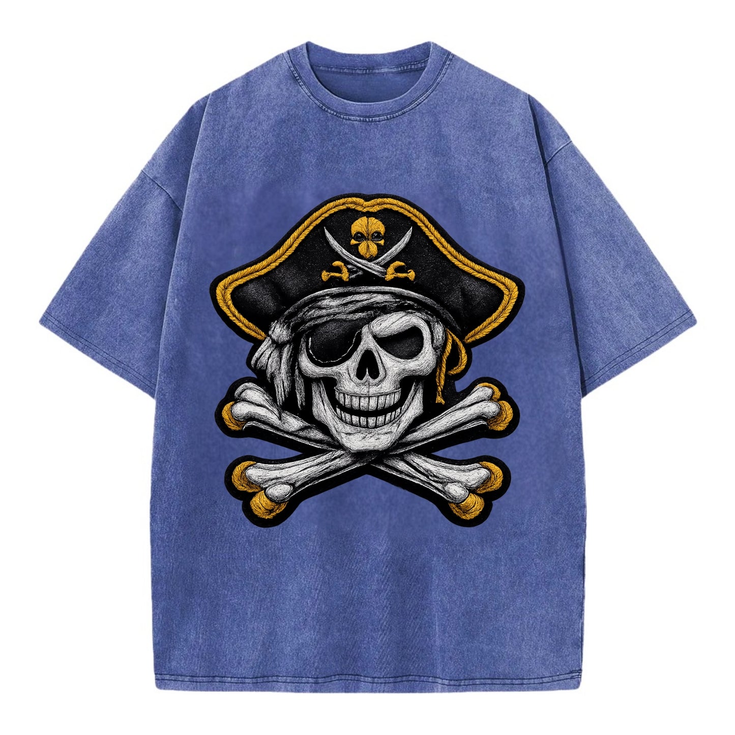 PIRATE SKULL - Jolly Roger skull in black and white , pirate - Vintage T-shirt - Blue