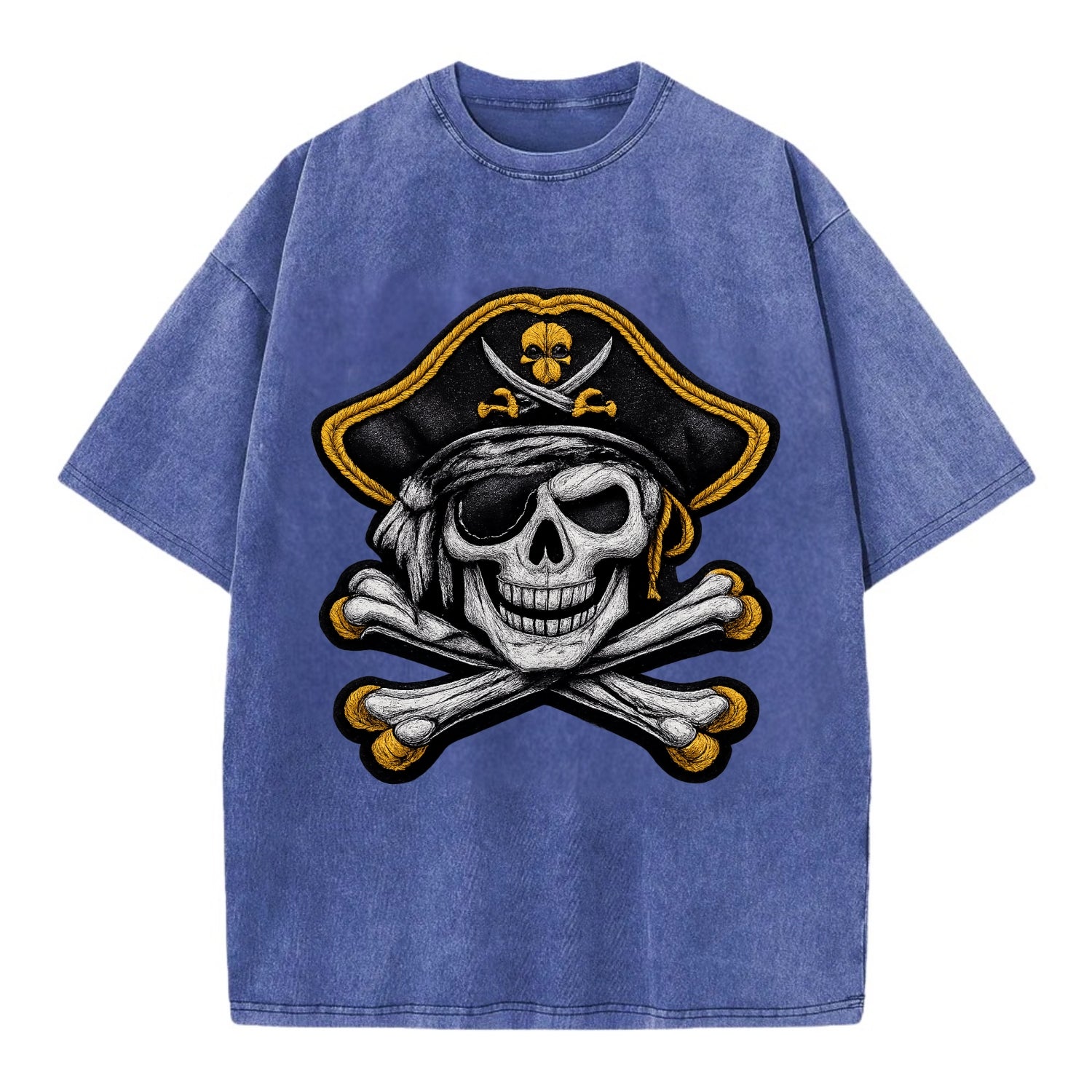 PIRATE SKULL - Jolly Roger skull in black and white , pirate - Vintage T-shirt - Blue