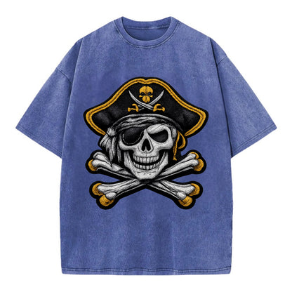 PIRATE SKULL - Jolly Roger skull in black and white , pirate - Vintage T-shirt - Blue