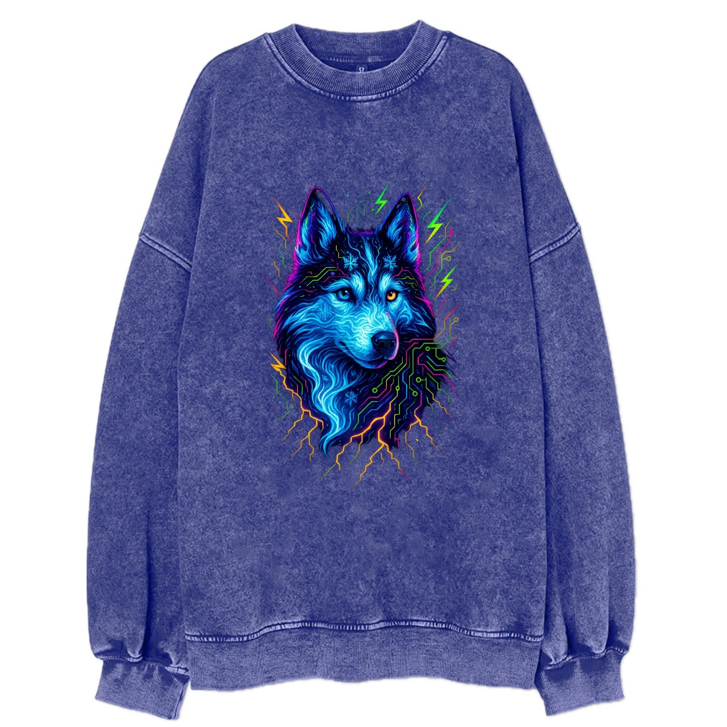 Siberian husky with ice-crystal flowing patterns, electric blue and white - Vintage Sweatshirt - Blue