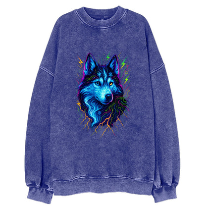Siberian husky with ice-crystal flowing patterns, electric blue and white - Vintage Sweatshirt - Blue