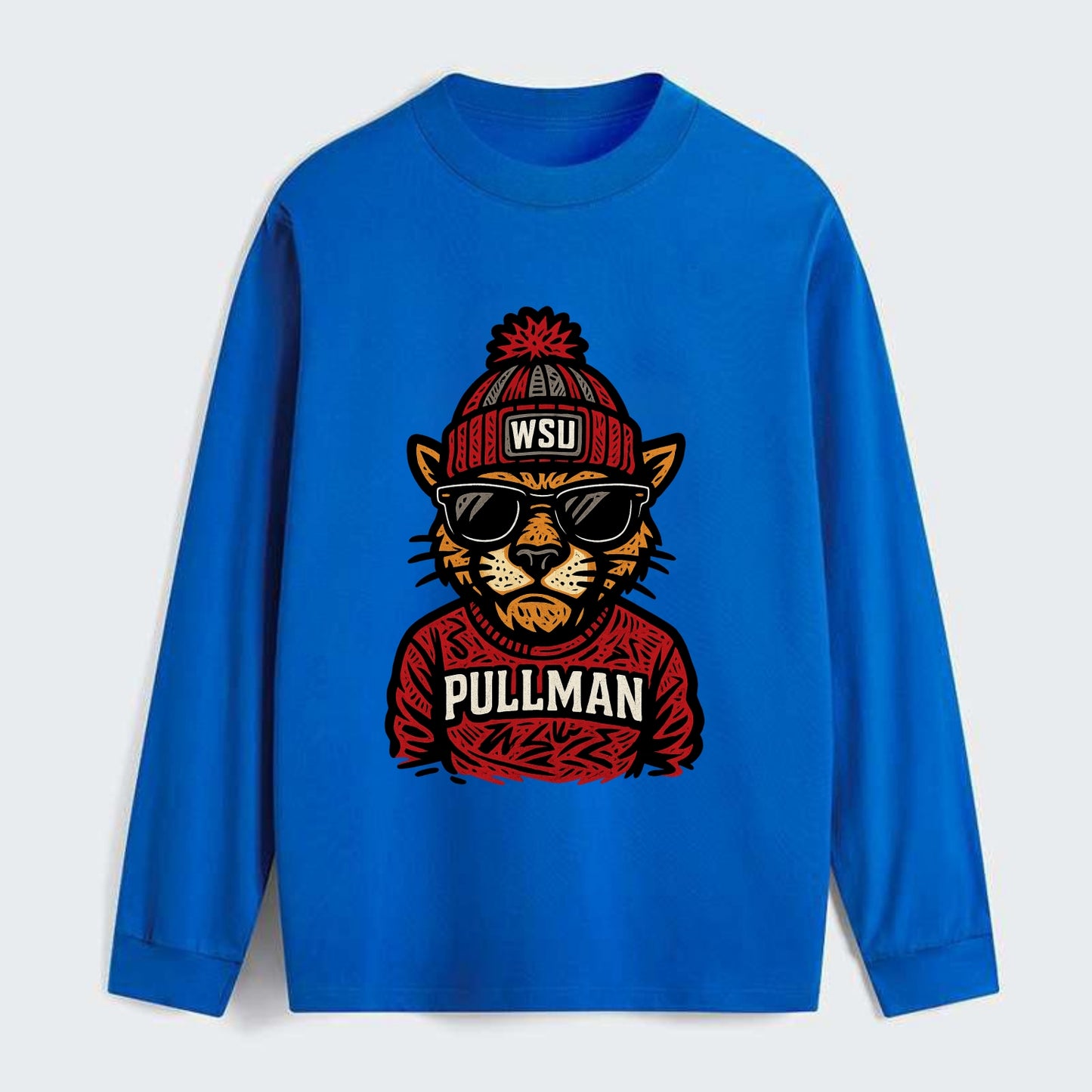 Pullman Cougar wearing Washington State beanie with WSU patch - Classic Long Sleeve Shirt - Blue