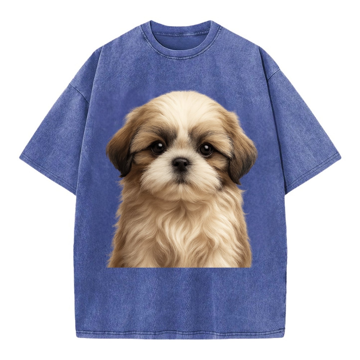 Baby Shih Tzu Puppy - long flowing coat, flat face, big dark eyes, front-facing, - Vintage T-shirt - Blue