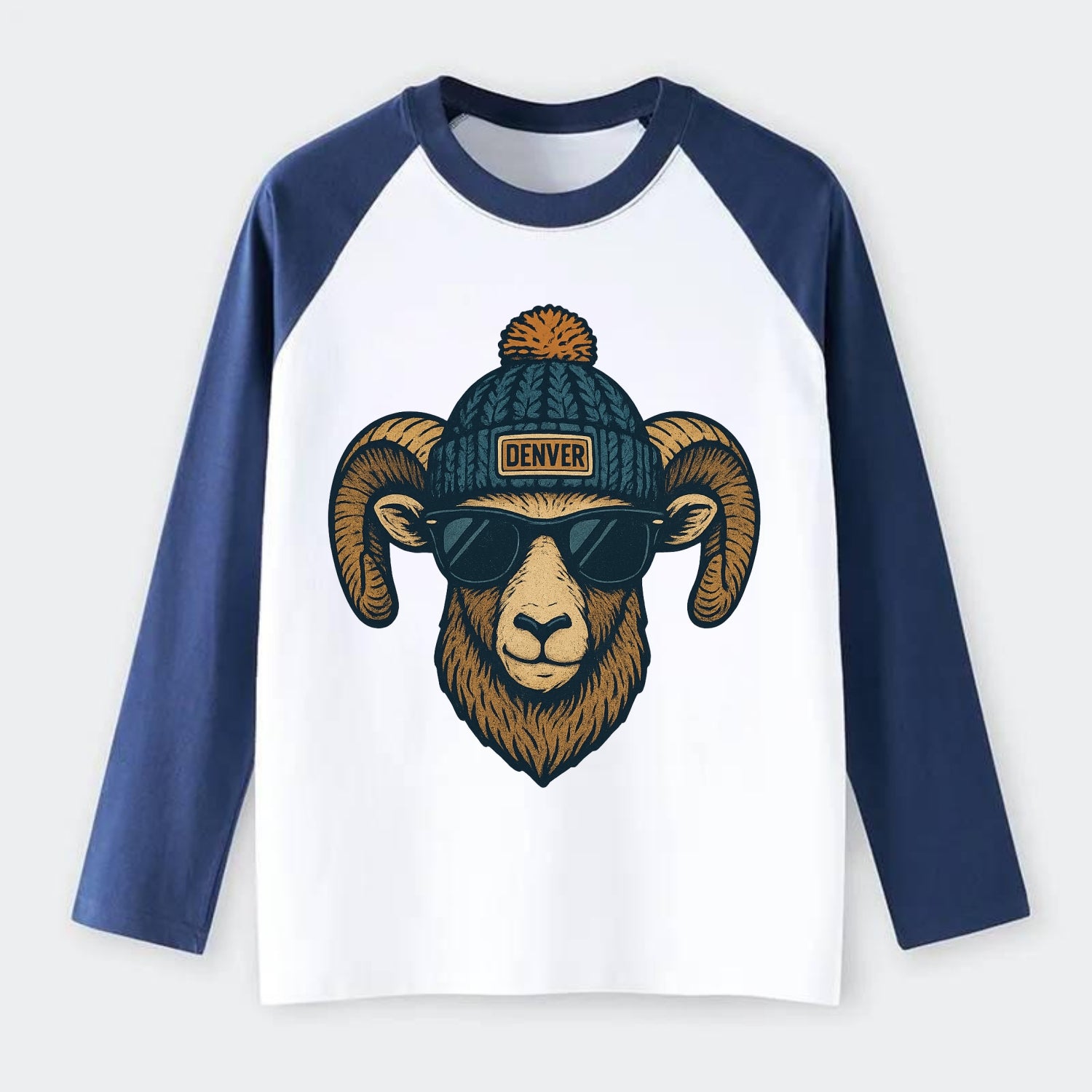 Colorado Rocky Mountain Bighorn Sheep wearing Denver beanie with pom - Raglan Long Sleeve T-Shirt - Blue