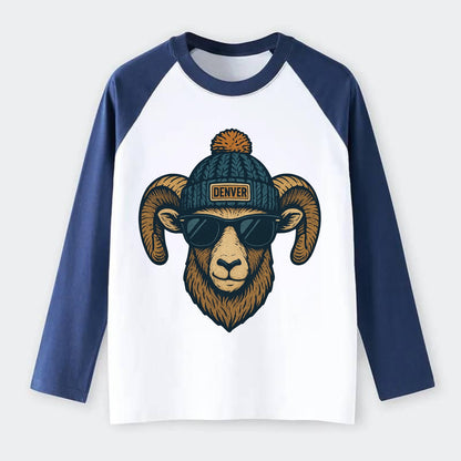 Colorado Rocky Mountain Bighorn Sheep wearing Denver beanie with pom - Raglan Long Sleeve T-Shirt - Blue