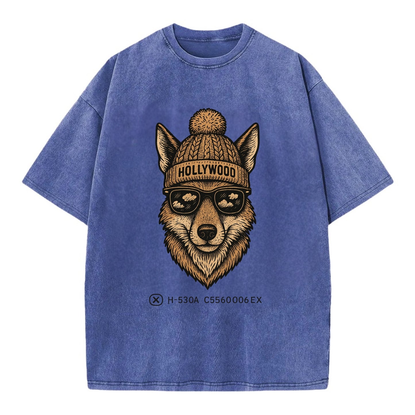 LA Coyote wearing Hollywood beanie with pom pom and wayfarer sunglasses - Vintage T-shirt - Blue