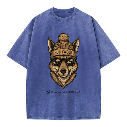 LA Coyote wearing Hollywood beanie with pom pom and wayfarer sunglasses - Vintage T-shirt - Blue