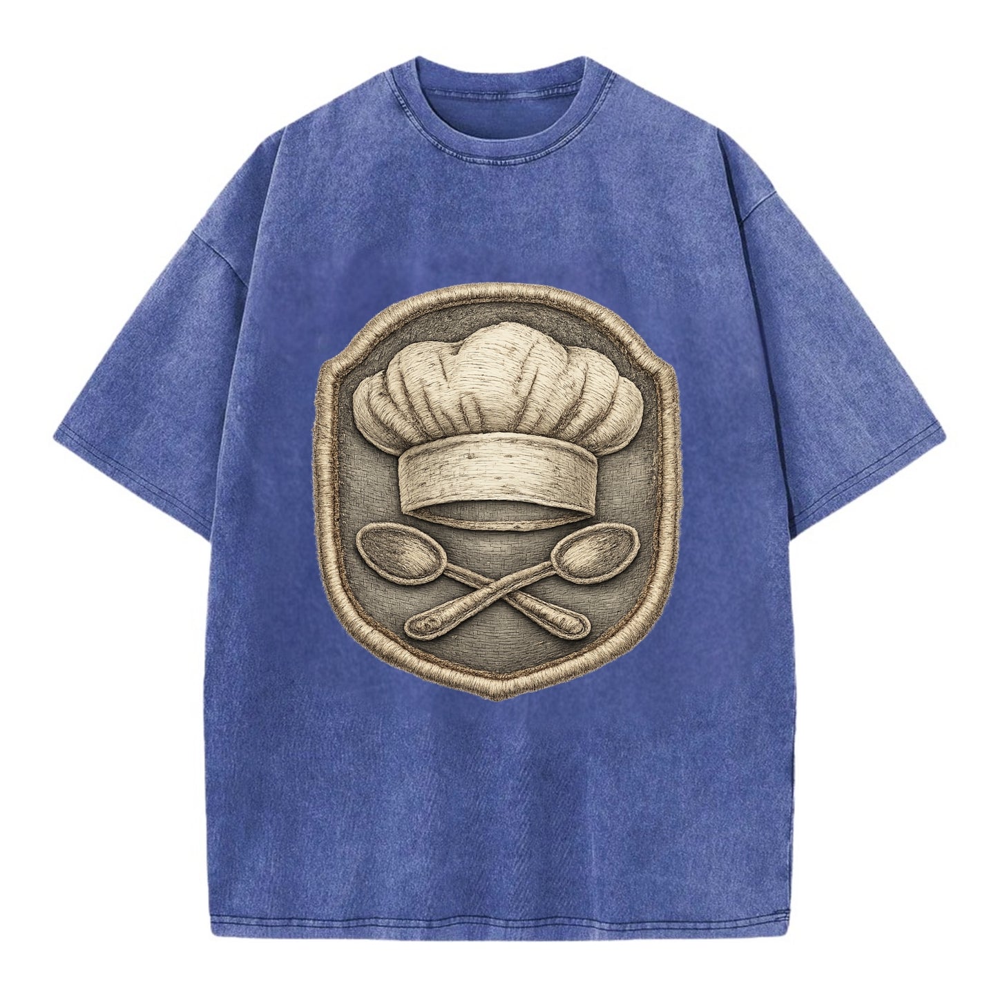 Embroidered patch design - COOKING CHEF HAT - toque blanche with crossed spoons - Vintage T-shirt - Blue