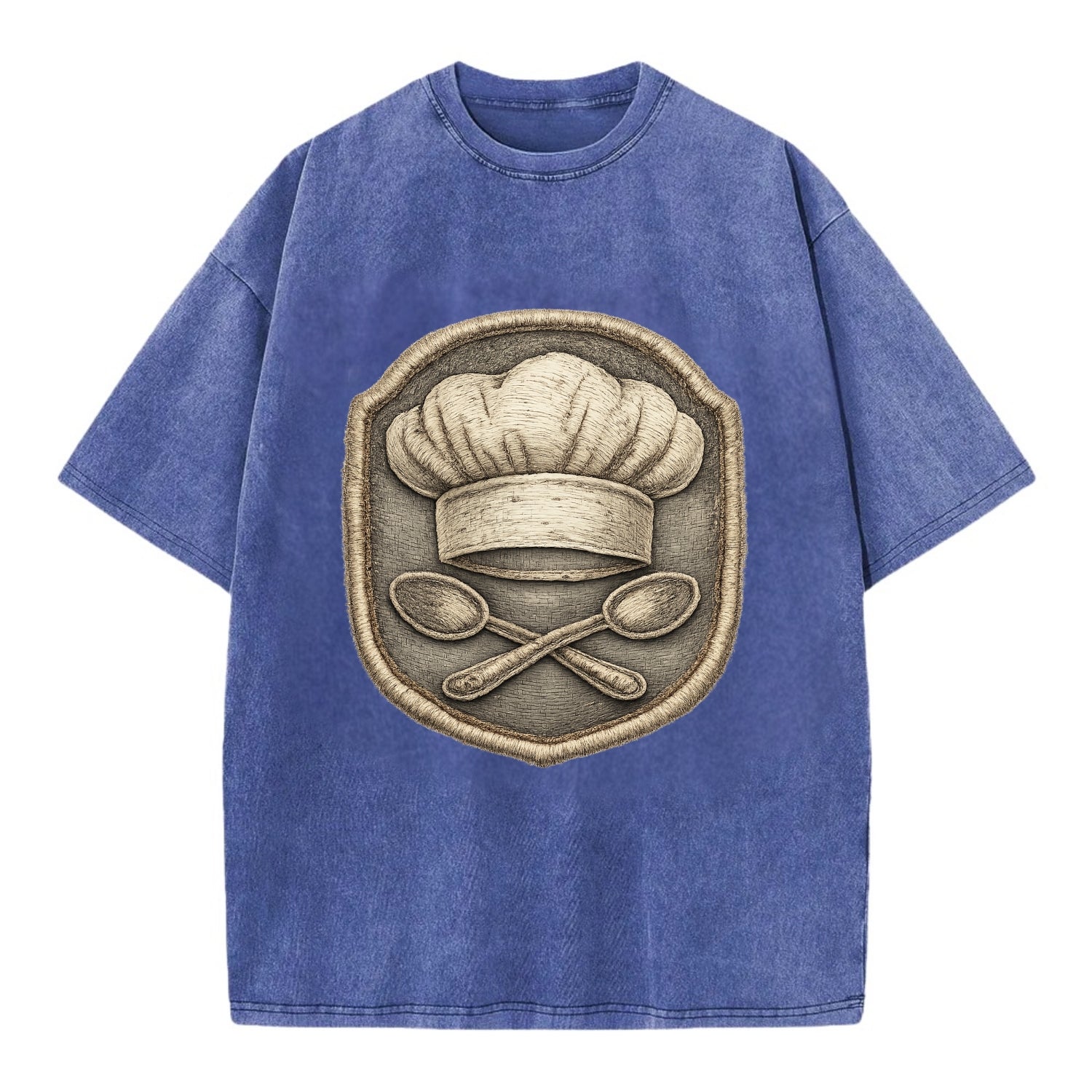 Embroidered patch design - COOKING CHEF HAT - toque blanche with crossed spoons - Vintage T-shirt - Blue