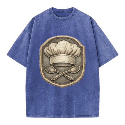 Embroidered patch design - COOKING CHEF HAT - toque blanche with crossed spoons - Vintage T-shirt - Blue