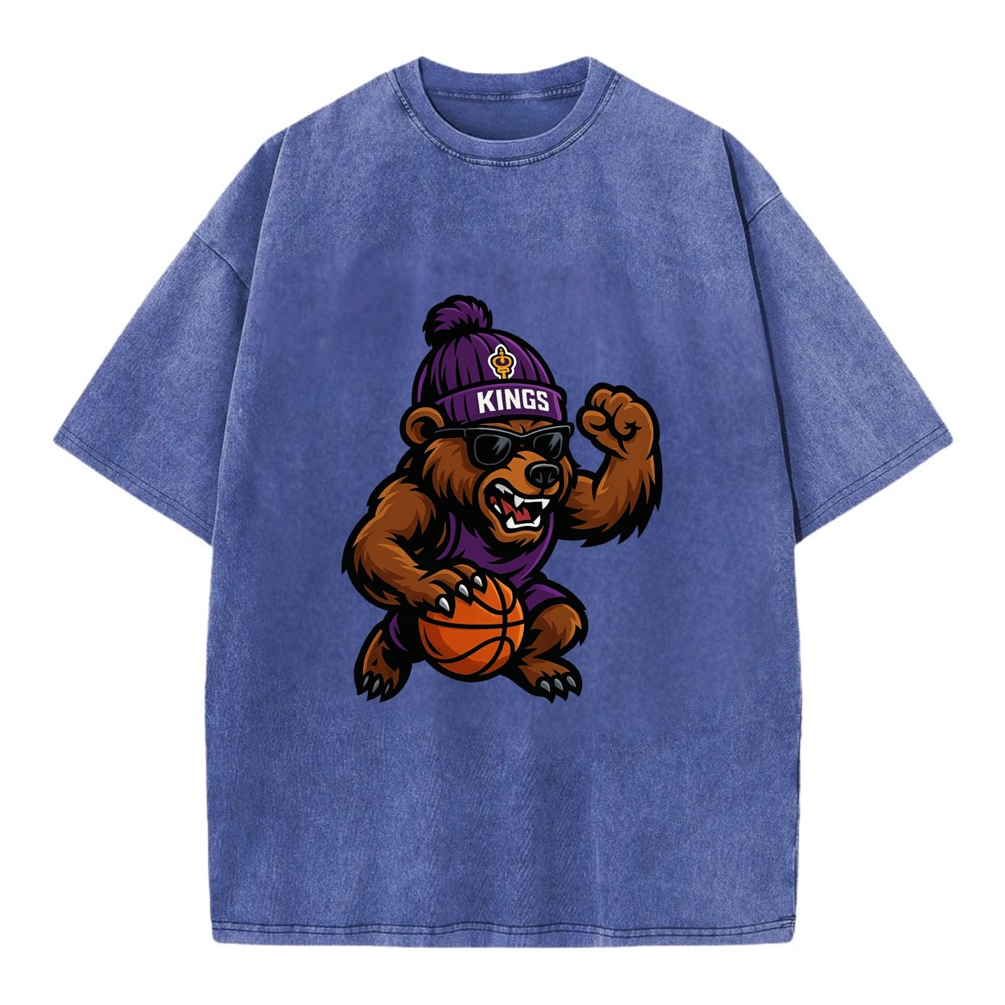 California Grizzly wearing Kings beanie with royal scepter patch and wayfarer - Vintage T-shirt - Blue