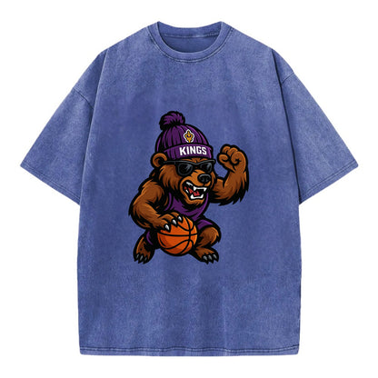 California Grizzly wearing Kings beanie with royal scepter patch and wayfarer - Vintage T-shirt - Blue