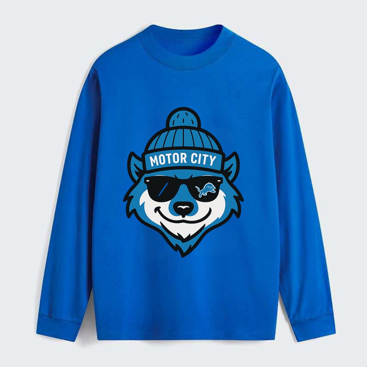 Motor City Wolverine wearing Lions beanie with gear patch and wayfarer - Classic Long Sleeve Shirt - Blue
