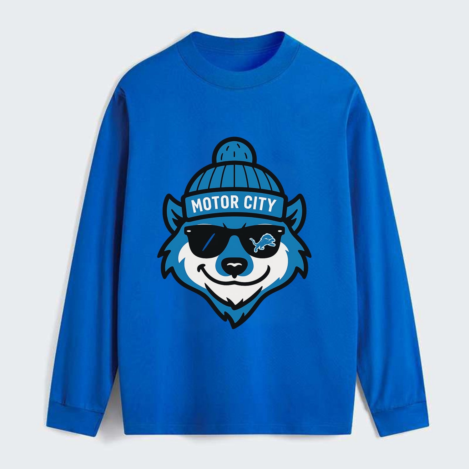 Motor City Wolverine wearing Lions beanie with gear patch and wayfarer - Classic Long Sleeve Shirt - Blue