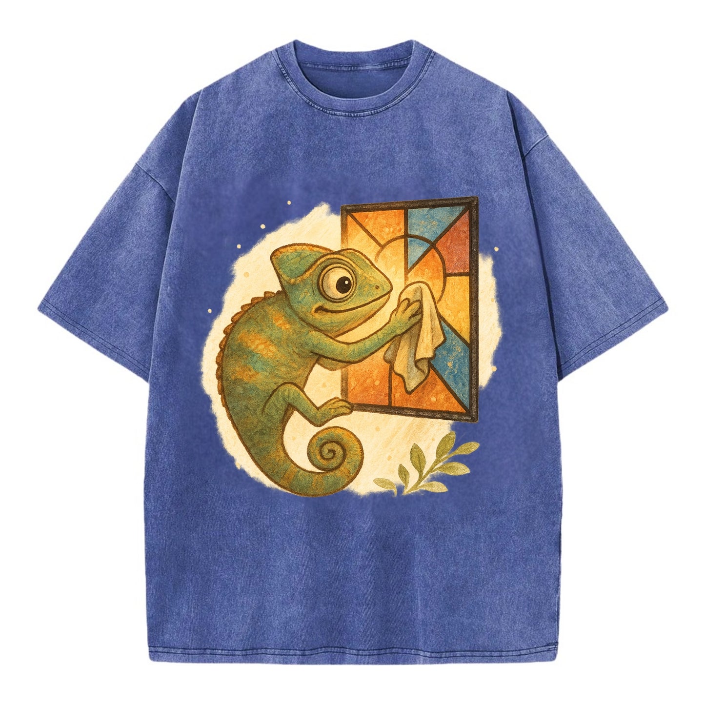 Chameleon blending into a stained-glass window it is polishing with delicate - Vintage T-shirt - Blue